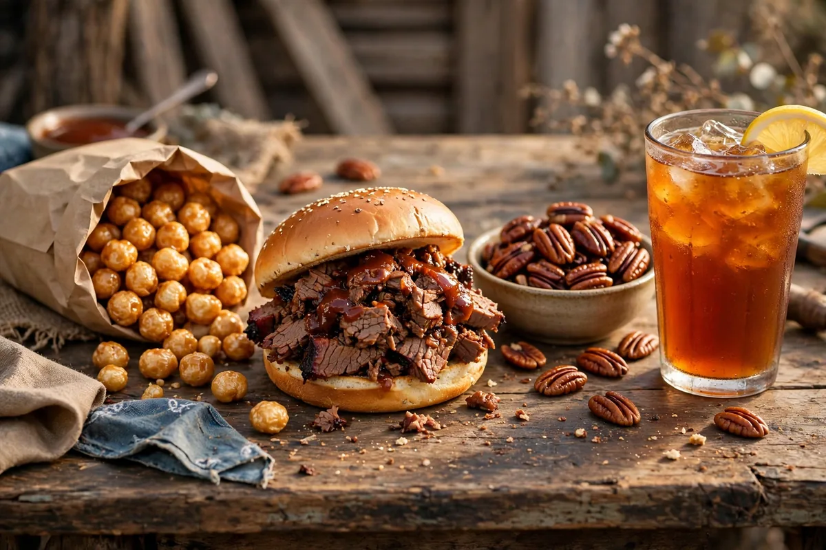 Buc-ee's menu prices 2026: chopped brisket sandwich, Beaver Nuggets, glazed pecans and sweet tea road trip spread