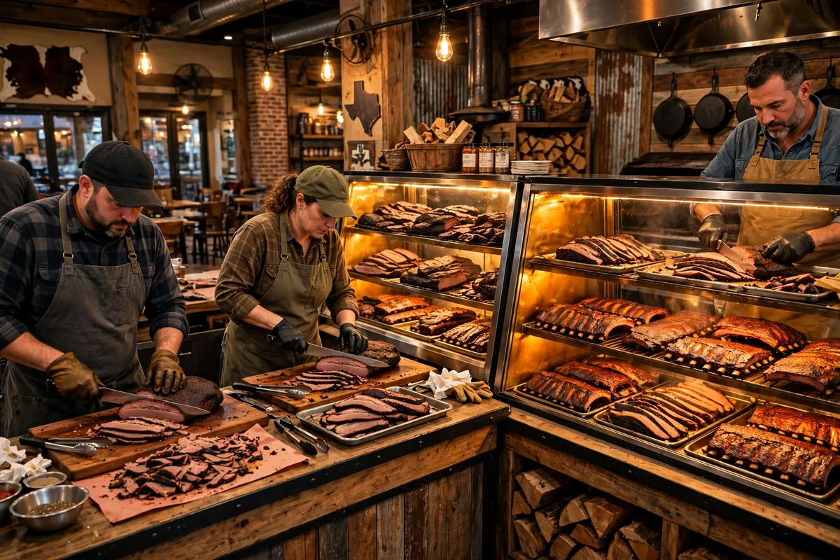 Inside Buc-ee's Texas travel center brisket carving counter with pitmasters and BBQ display