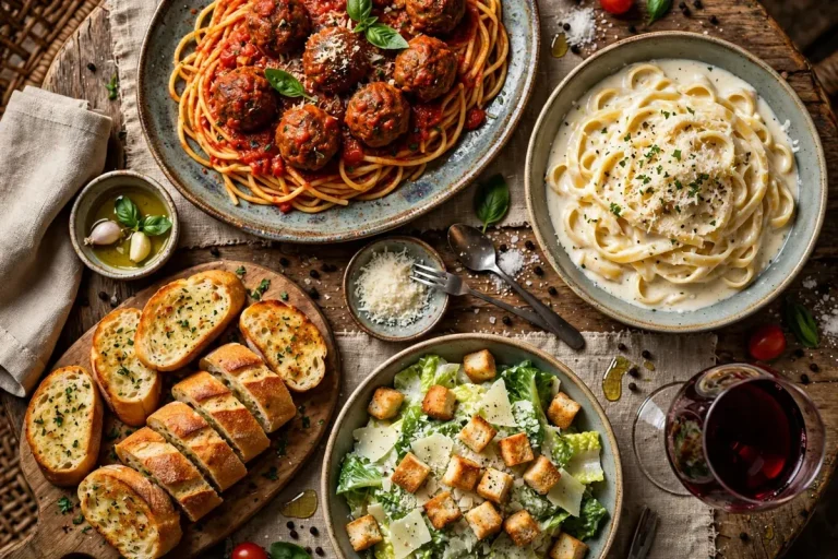 Buca di Beppo menu prices 2026 family-style Italian spread with spaghetti meatballs and garlic bread