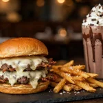 Burgatory menu prices 2026 gourmet smash burger with fries and chocolate shake