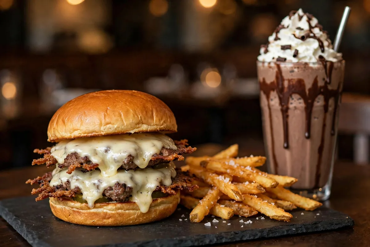 Burgatory menu prices 2026 gourmet smash burger with fries and chocolate shake