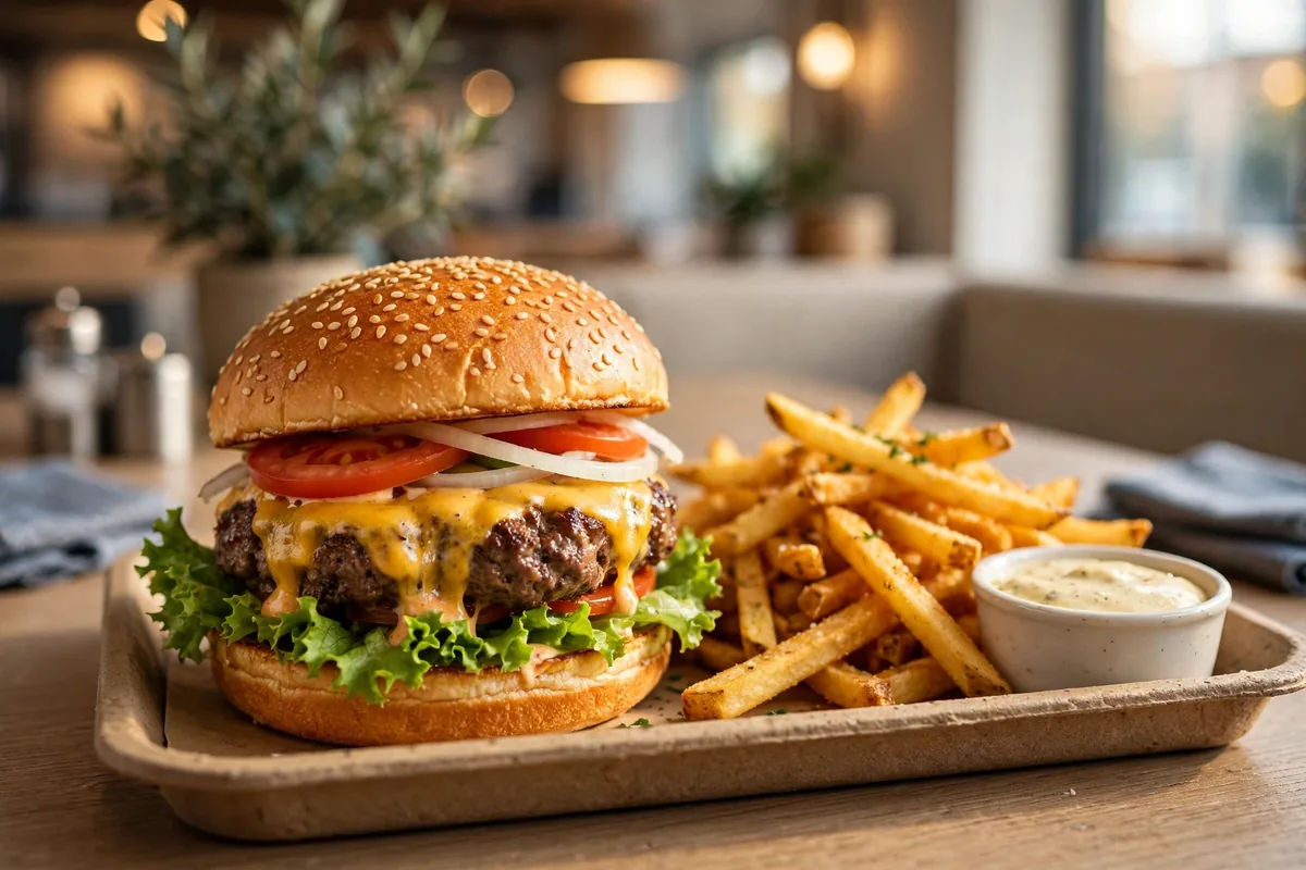 Burger Lounge menu prices 2026: grass-fed cheeseburger with hand-cut fries and dipping sauce