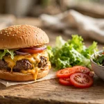 BurgerFi calories guide with burger and fresh toppings