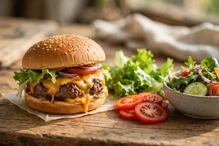 BurgerFi calories guide with burger and fresh toppings