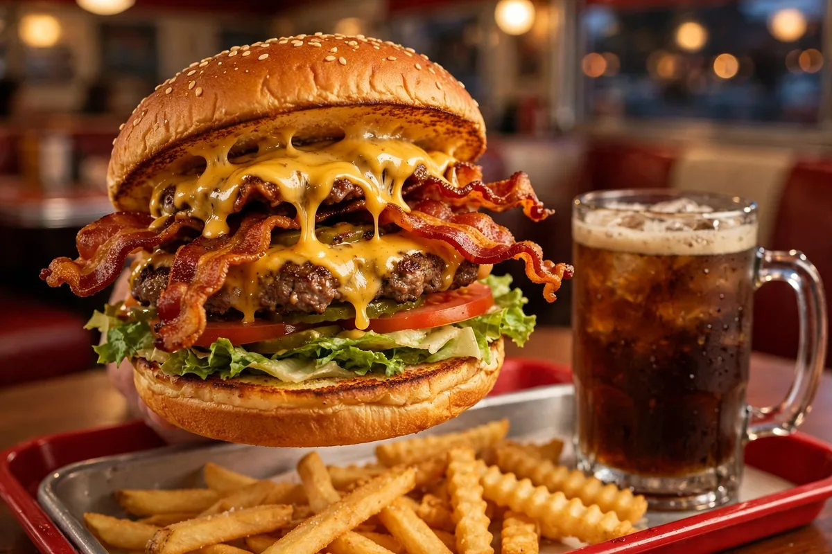 Burgermaster menu double bacon cheeseburger close up on a drive-in tray