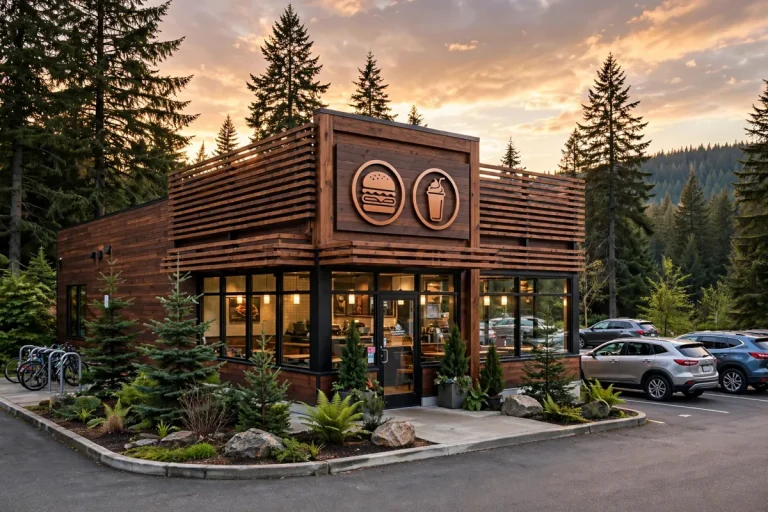 Burgerville locations storefront at sunset.