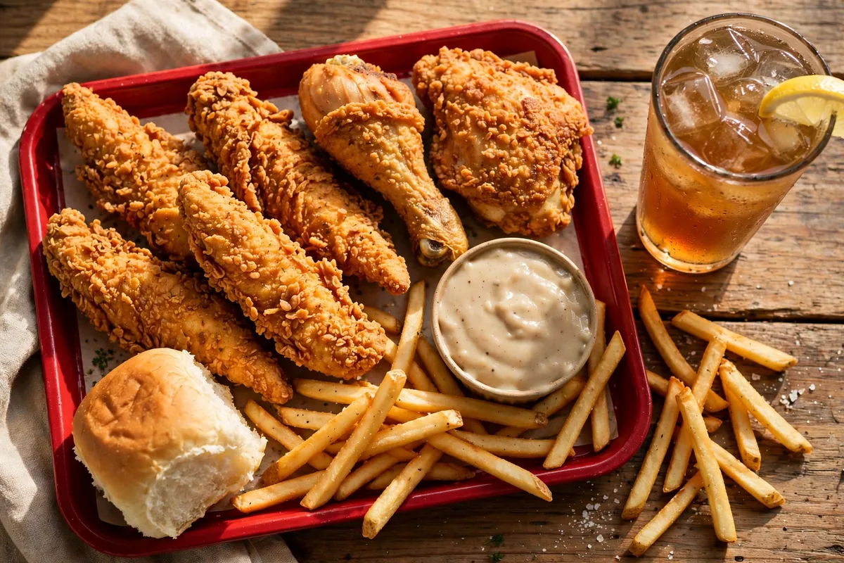 Bush's Chicken menu fried chicken tenders meal with roll gravy fries and sweet tea