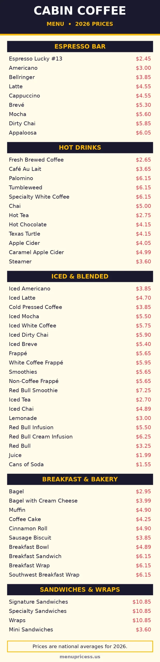 Cabin Coffee menu card with 2026 prices