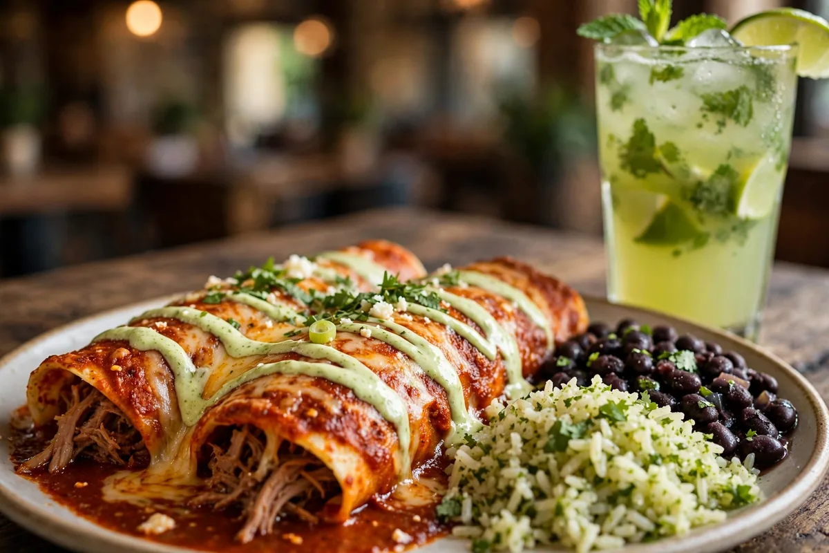 Cafe Rio sweet pork barbacoa enchiladas with cilantro lime rice, black beans and mint limeade, 2026 menu prices