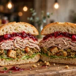 Close-up of a Capriotti's-style turkey sandwich with cranberry sauce and stuffing, inspiration for the secret menu guide.