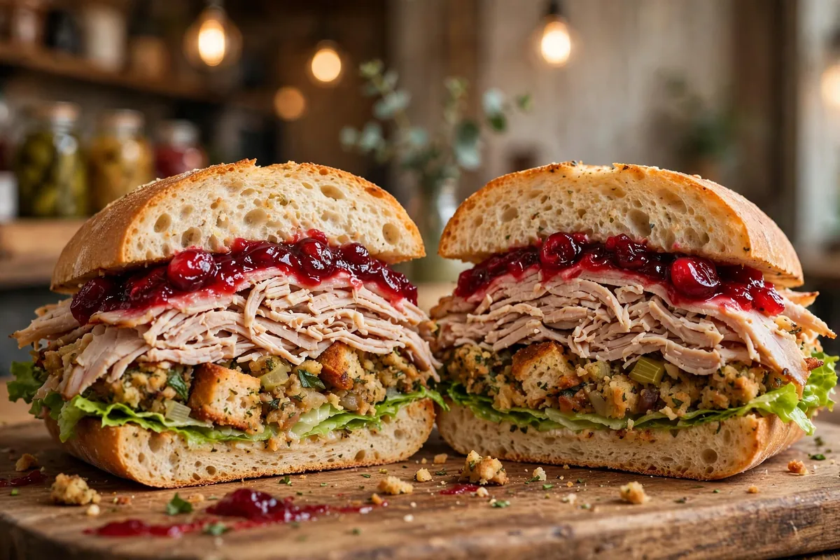 Close-up of a Capriotti's-style turkey sandwich with cranberry sauce and stuffing, inspiration for the secret menu guide.