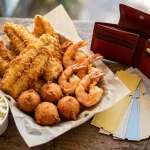Captain D's fried fish and shrimp feast with discount coupons beside the plate