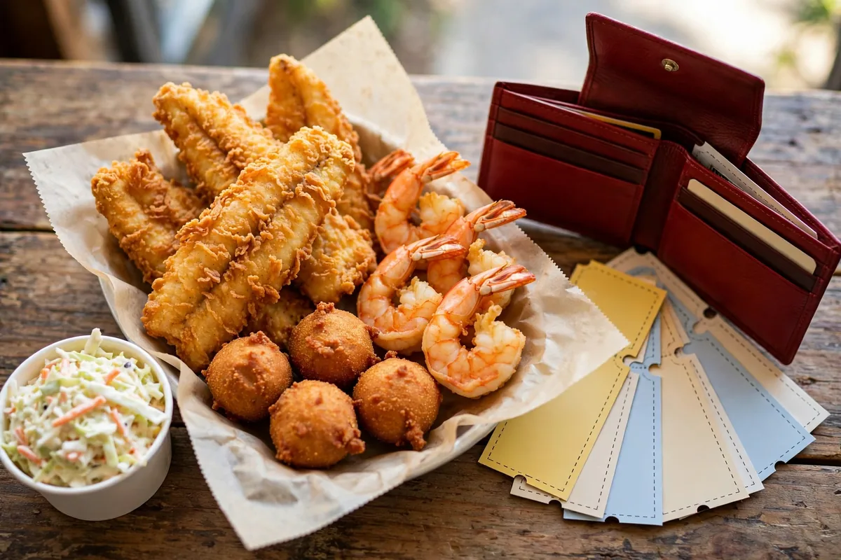 Captain D's fried fish and shrimp feast with discount coupons beside the plate