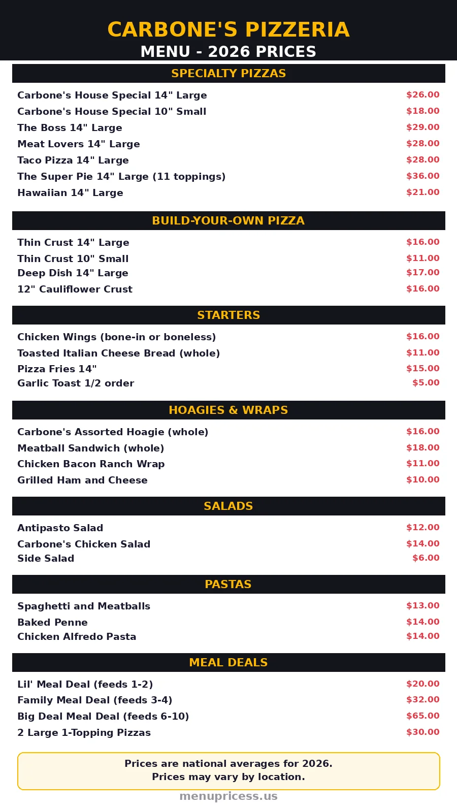 Carbone's pizza menu prices 2026 menu card with specialty pizzas, meal deals and prices