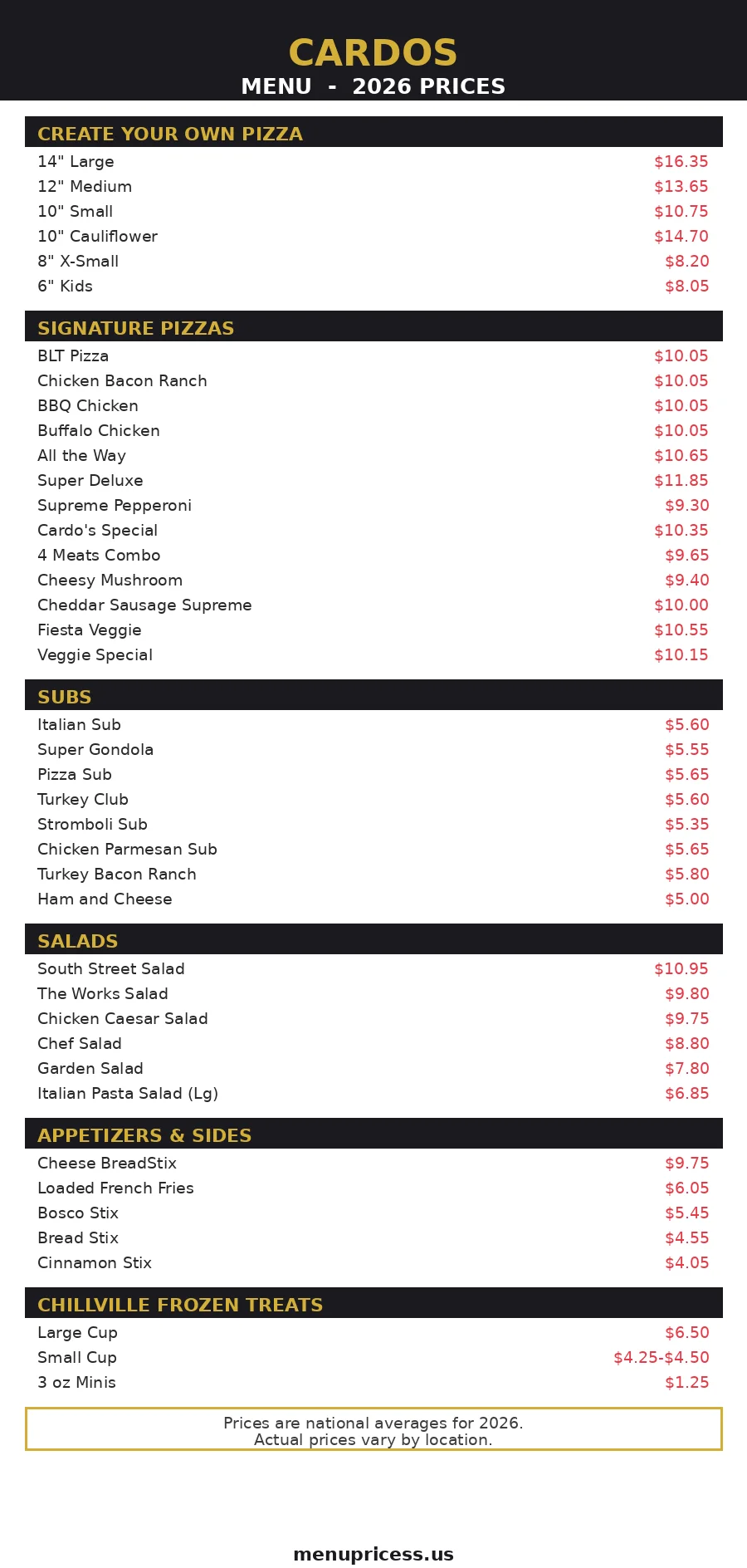 Cardos pizza menu card 2026 prices - signature pizzas, subs, salads