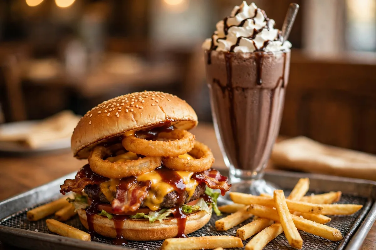 carl's jr menu prices 2026 bacon cheeseburger with onion rings and hand-scooped milkshake