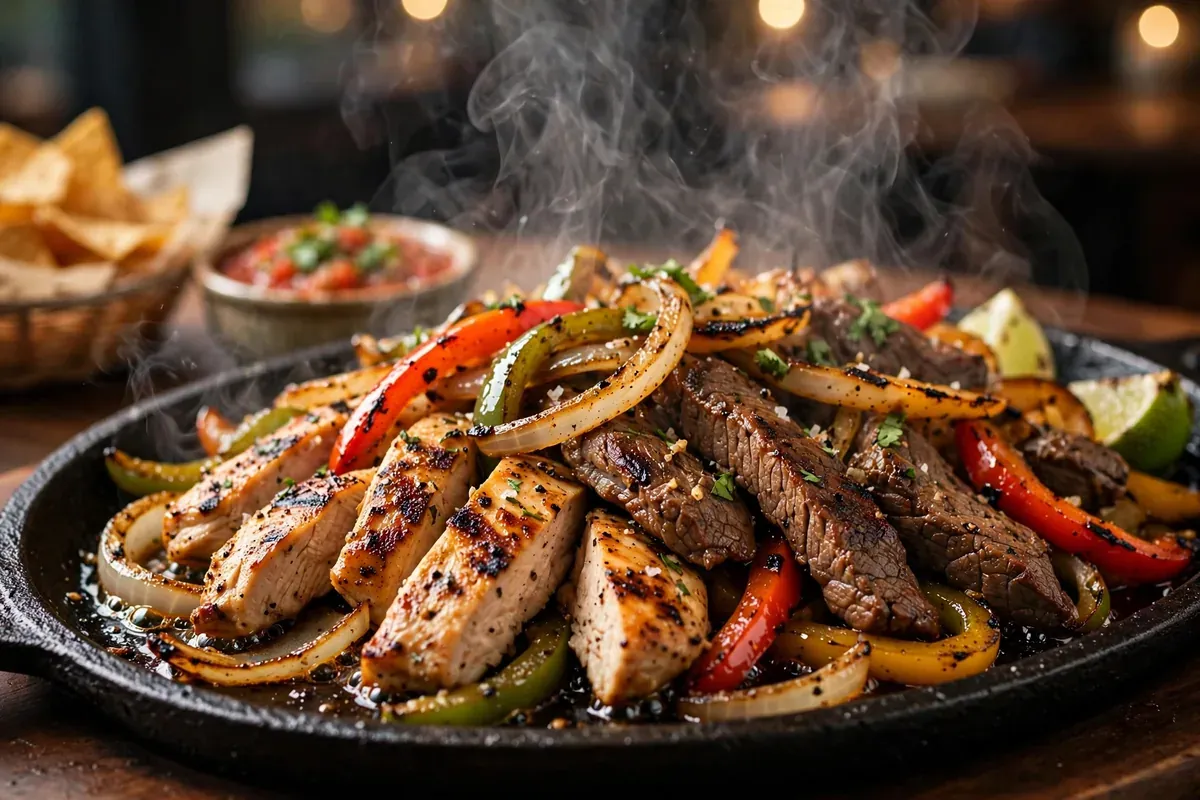 Casa Ole menu prices 2026 sizzling chicken and beef fajitas on a hot platter