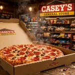 Casey's menu prices 2026 pepperoni pizza in Casey's General Store pizza box