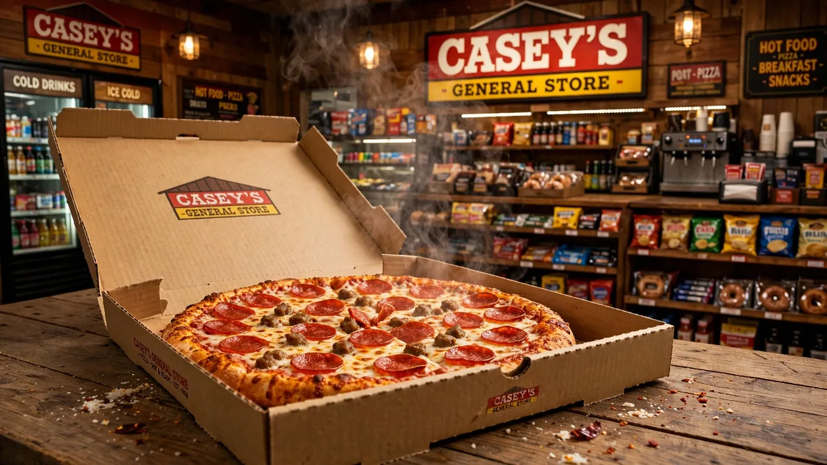 Casey's menu prices 2026 pepperoni pizza in Casey's General Store pizza box