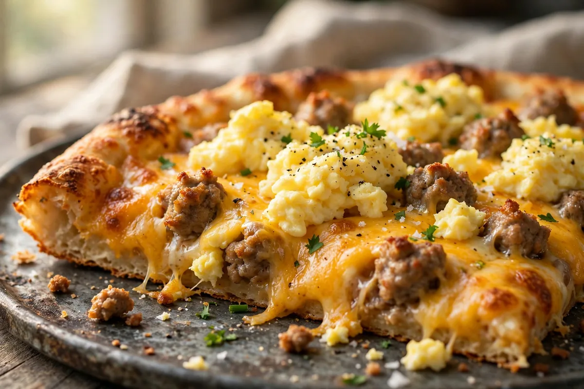 Casey's breakfast pizza menu prices 2026 with scrambled eggs, sausage, bacon and melted cheese