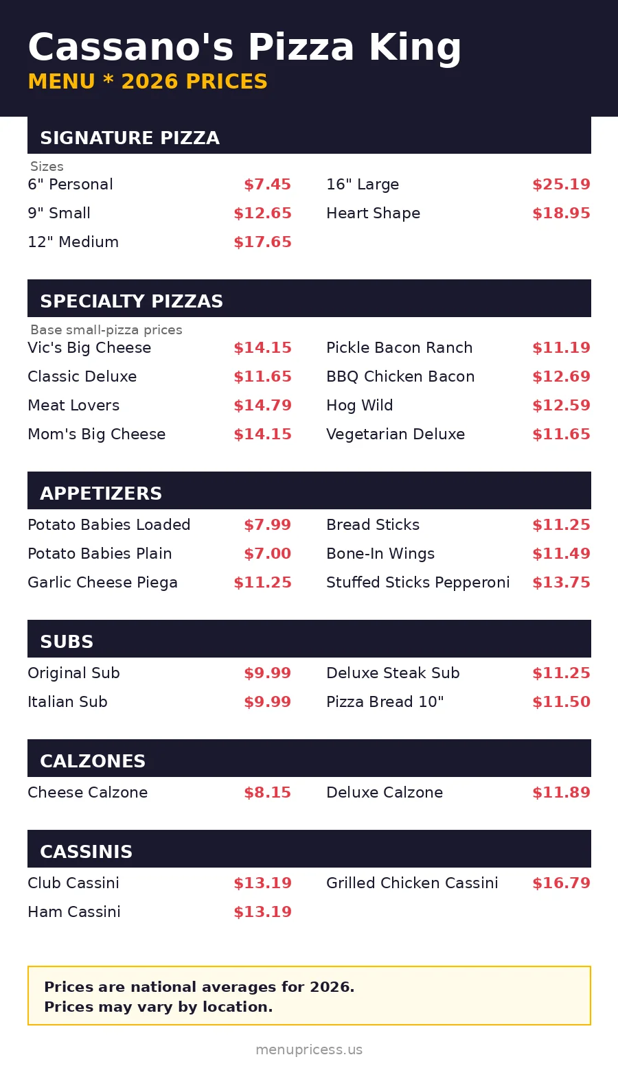 Cassano's pizza menu prices 2026 menu card with prices