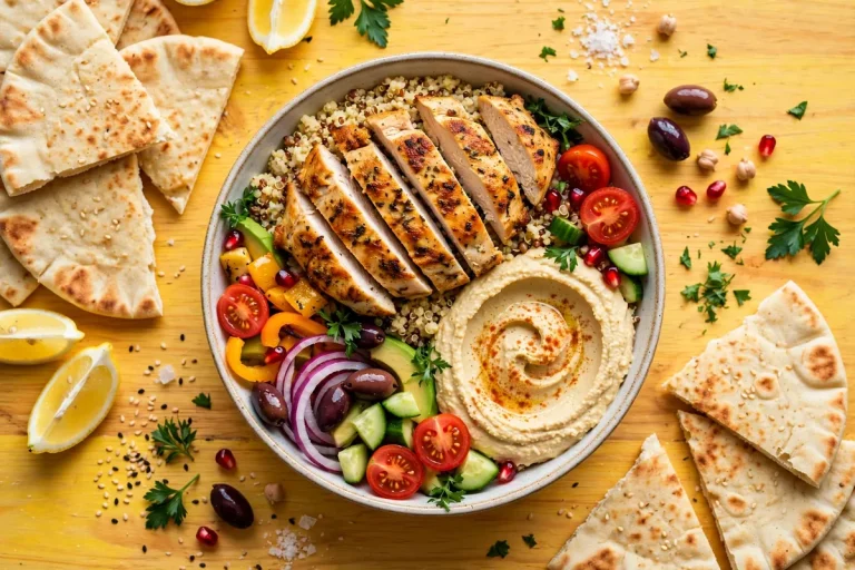 CAVA calories guide: Mediterranean bowl with grilled chicken and hummus