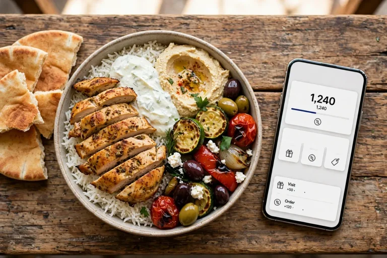 Cava deals and coupons: Mediterranean grain bowl beside a phone showing the CAVA rewards app