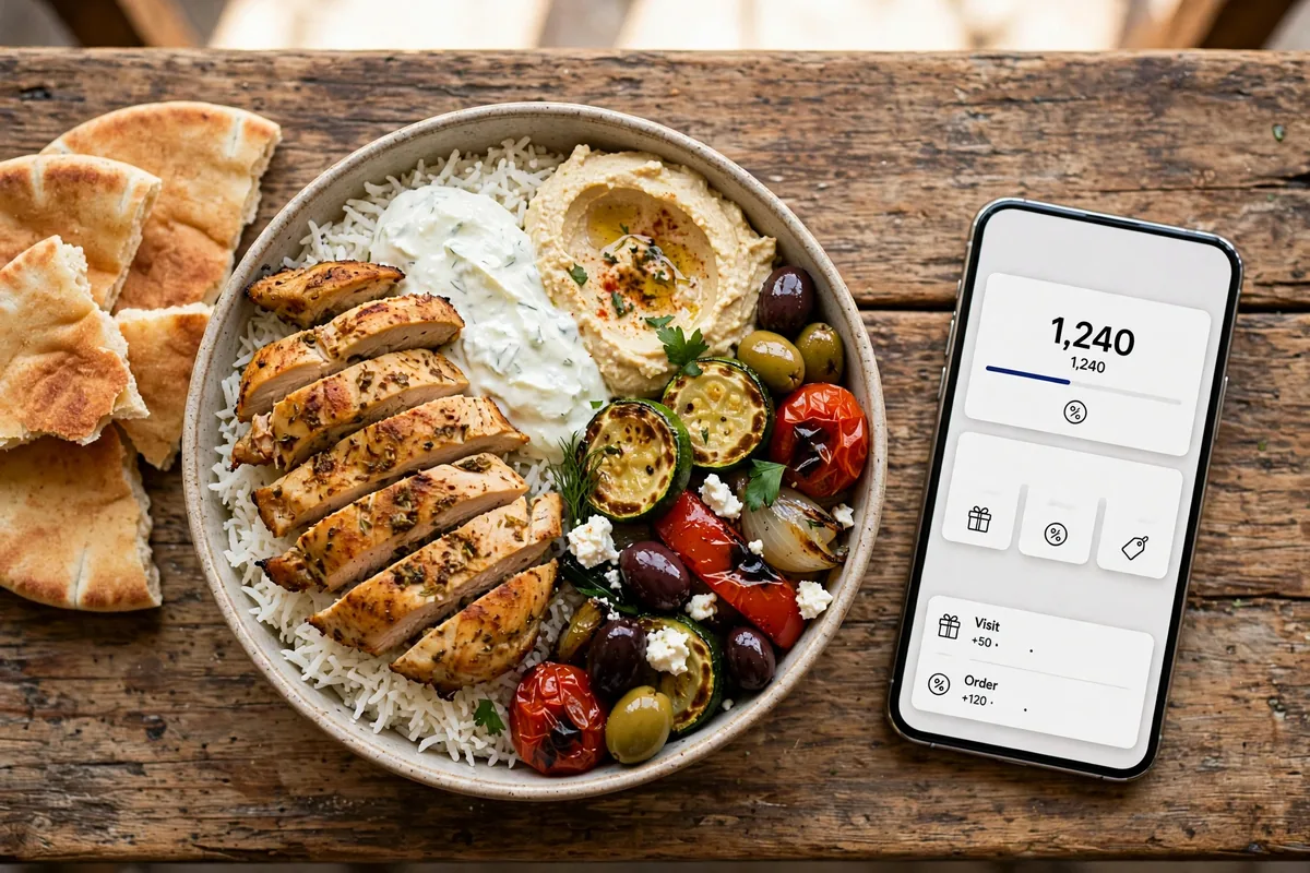 Cava deals and coupons: Mediterranean grain bowl beside a phone showing the CAVA rewards app