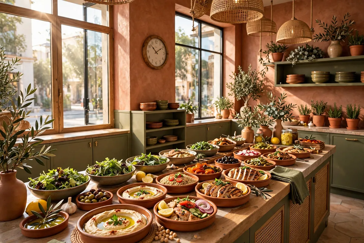 Cava working hours at a Mediterranean restaurant with a wall clock