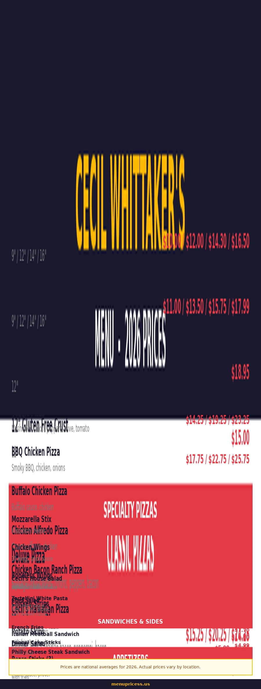 Cecil Whittakers Pizza menu card with 2026 prices