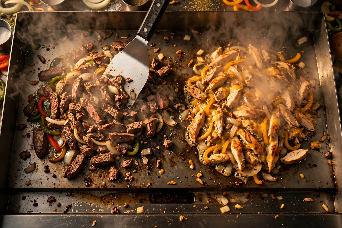 Charleys Cheesesteaks menu prices grilled steak and chicken sizzling on flat top grill