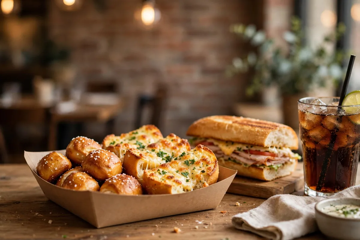 Cheba Hut menu munchies: pretzel nugs, cheesy garlic bread and toasted sub
