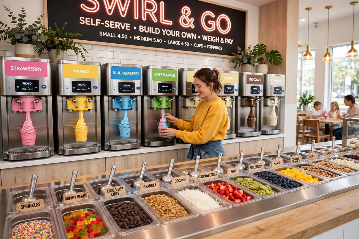 CherryBerry menu prices: colorful self-serve frozen yogurt cup with fresh fruit toppings