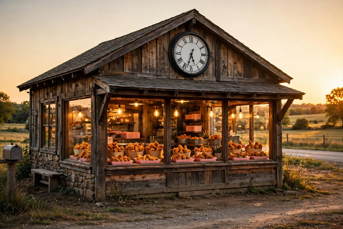 Chester's Chicken working hours, fried chicken restaurant storefront at golden hour.