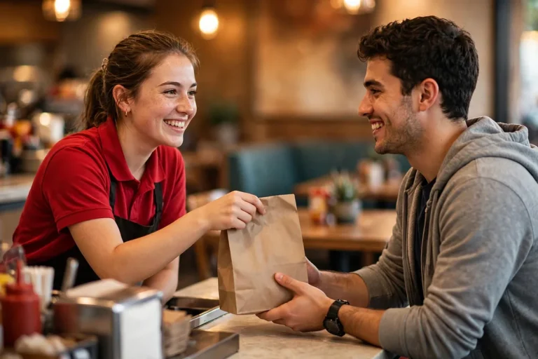 Chick-fil-A employee handing food to a customer