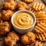 Chick-fil-A sauce in a ramekin with chicken nuggets and waffle fries