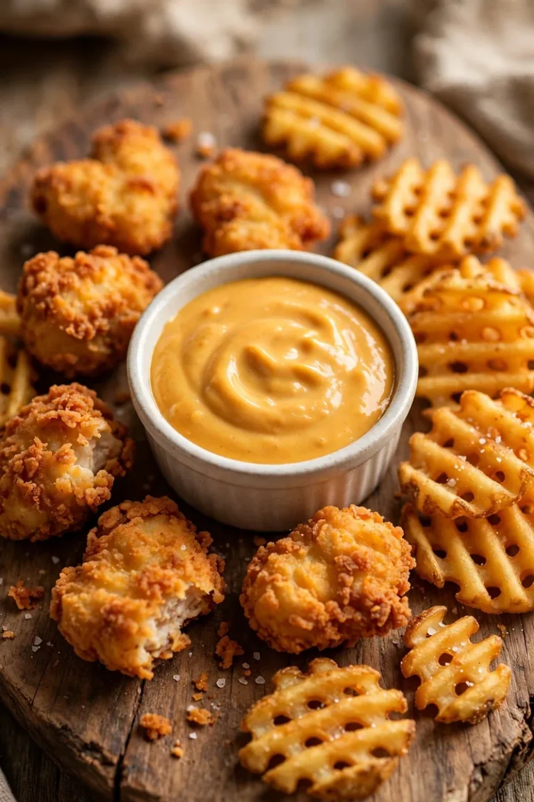 Chick-fil-A sauce in a ramekin with chicken nuggets and waffle fries