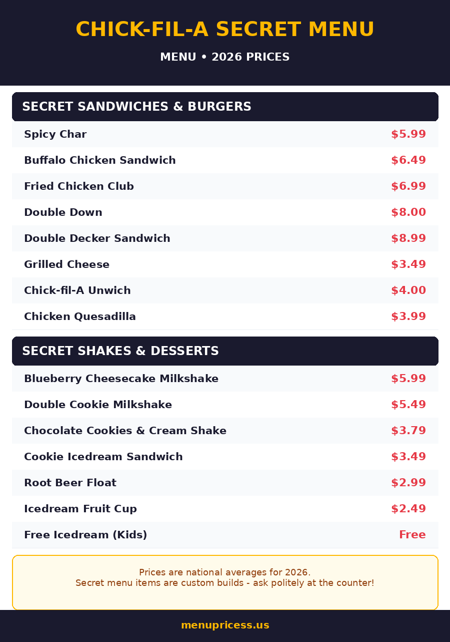 Chick-fil-A Secret Menu 2026 prices card