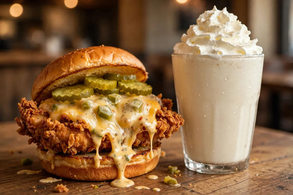 Chicken Guy menu crispy chicken sandwich and Flavortown shake prices