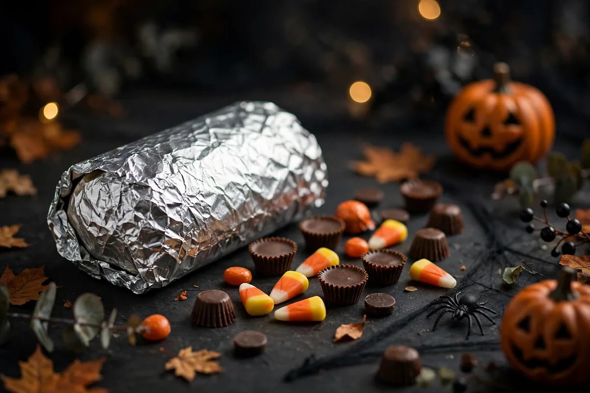 Chipotle Boorito Halloween 2026 foil-wrapped burrito with Halloween candy