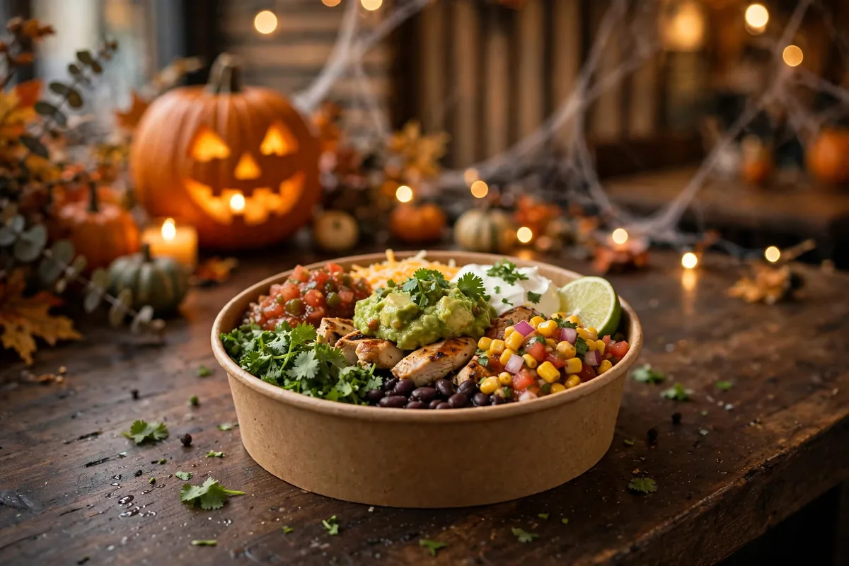 chipotle boorito halloween burrito bowl with jack-o-lantern