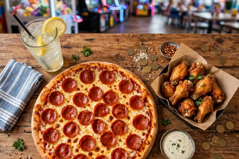 Chuck E. Cheese menu prices 2026 pepperoni pizza wings and drink at arcade restaurant