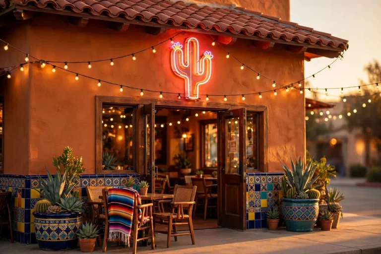 Chuy's locations near me: colorful Tex-Mex restaurant patio at dusk