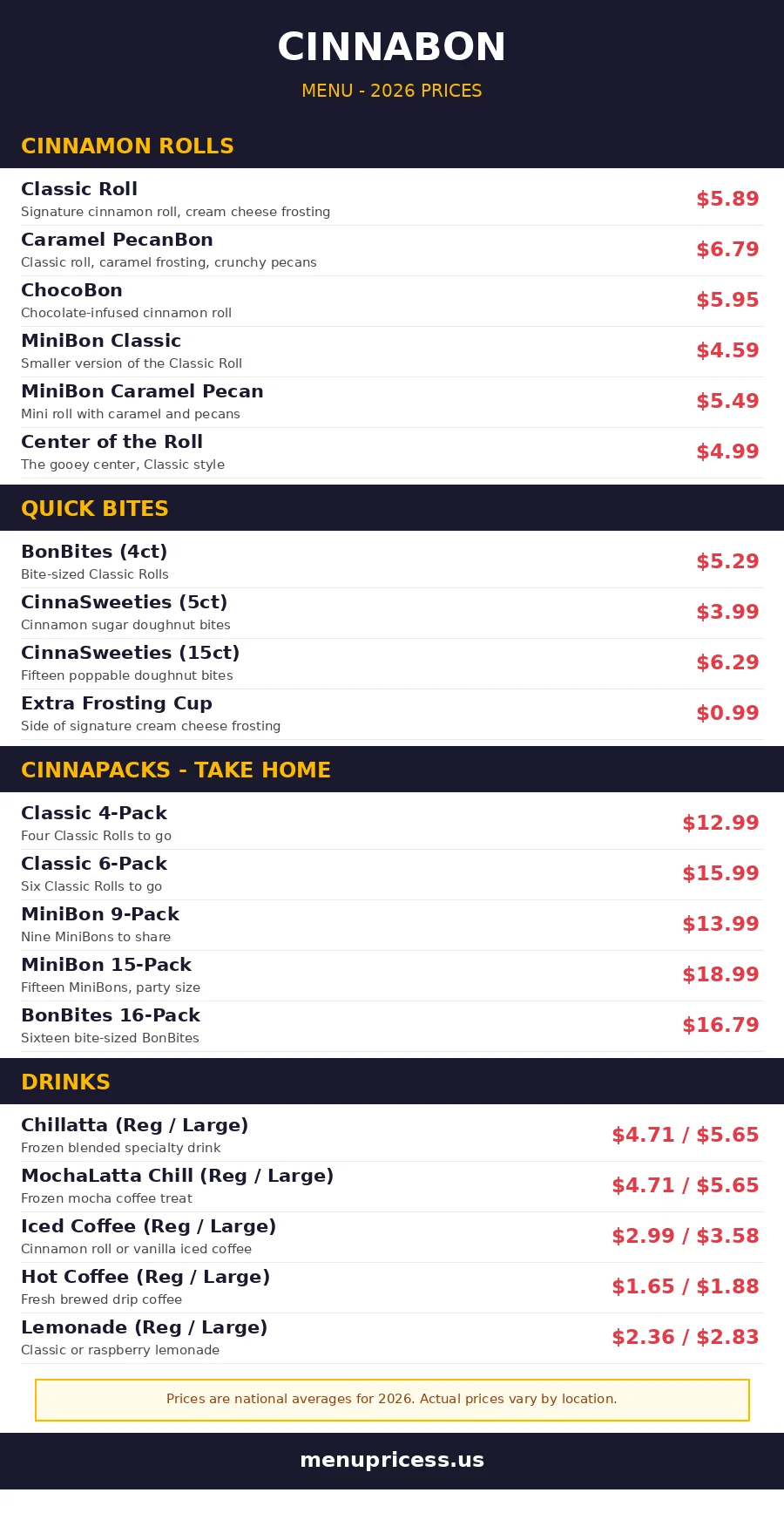 Cinnabon menu prices 2026 menu card with cinnamon rolls and drink prices