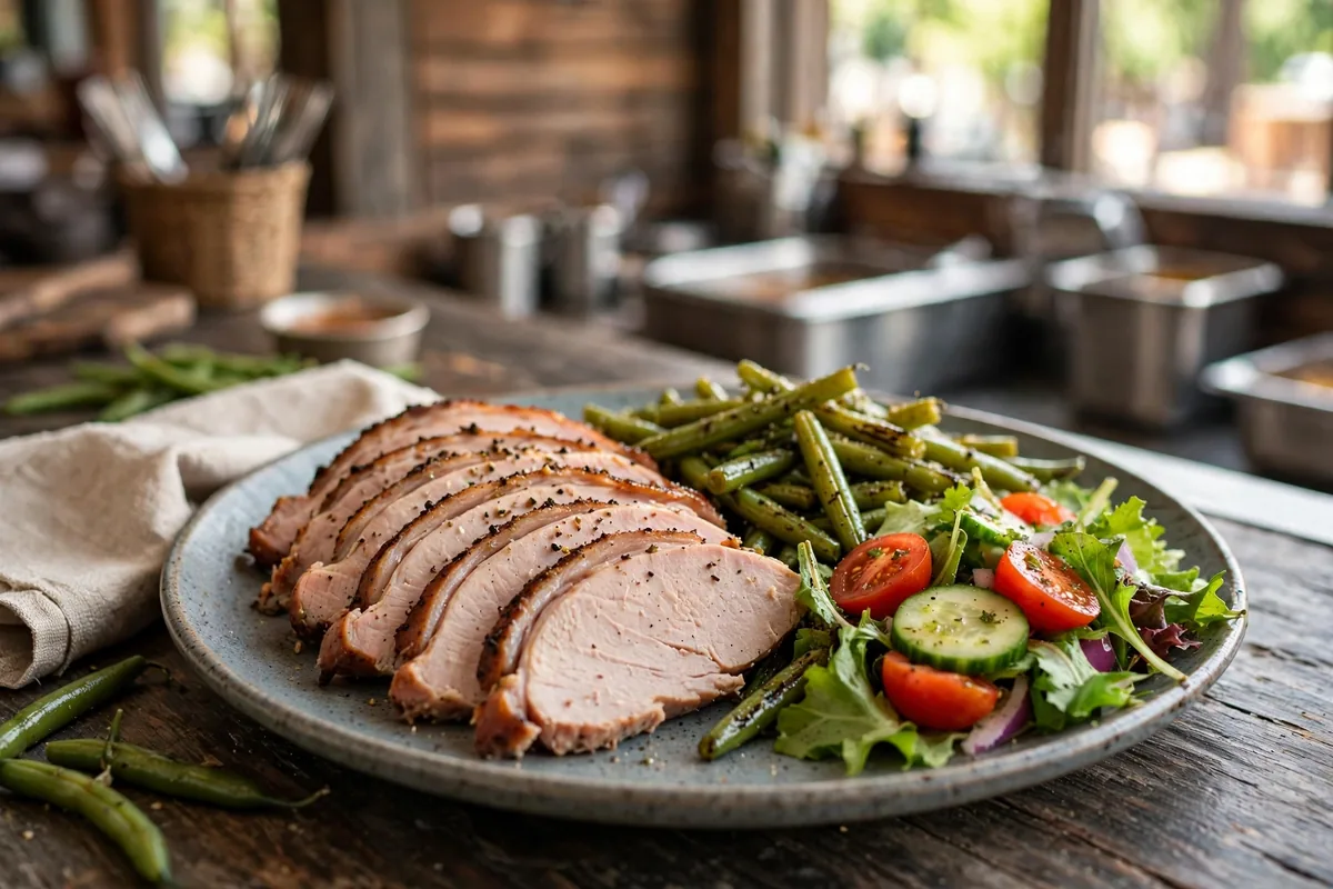 City Barbeque calories lean meal: smoked turkey breast with green beans and side salad