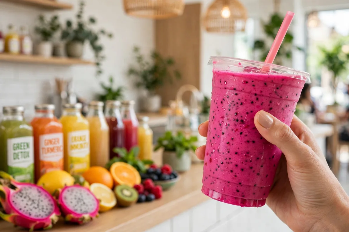 clean juice menu - organic smoothie served inside a clean juice bar