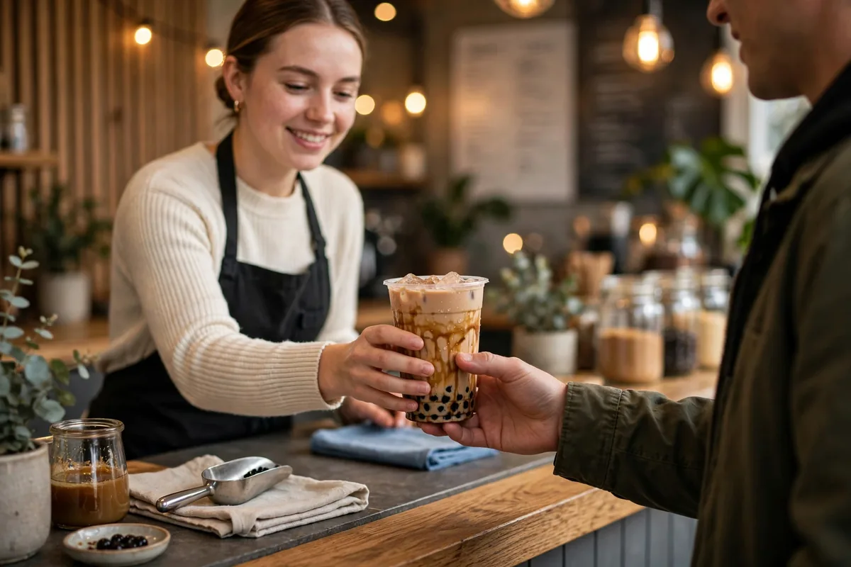 CoCo Fresh Tea & Juice store handing a brown sugar boba milk tea to a customer