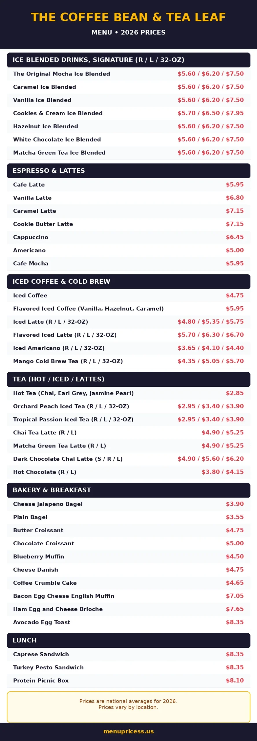 coffee bean tea leaf menu prices 2026 menu card ice blended espresso tea