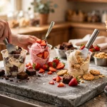 Cold Stone Creamery calories guide: ice cream folded with mix-ins on a frozen granite stone