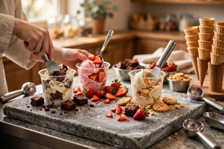 Cold Stone Creamery calories guide: ice cream folded with mix-ins on a frozen granite stone